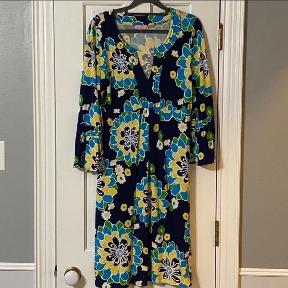Lilly Pulitzer Navy/Yellow Floral Long Sleeve Dress Twyla silk blend jersey L